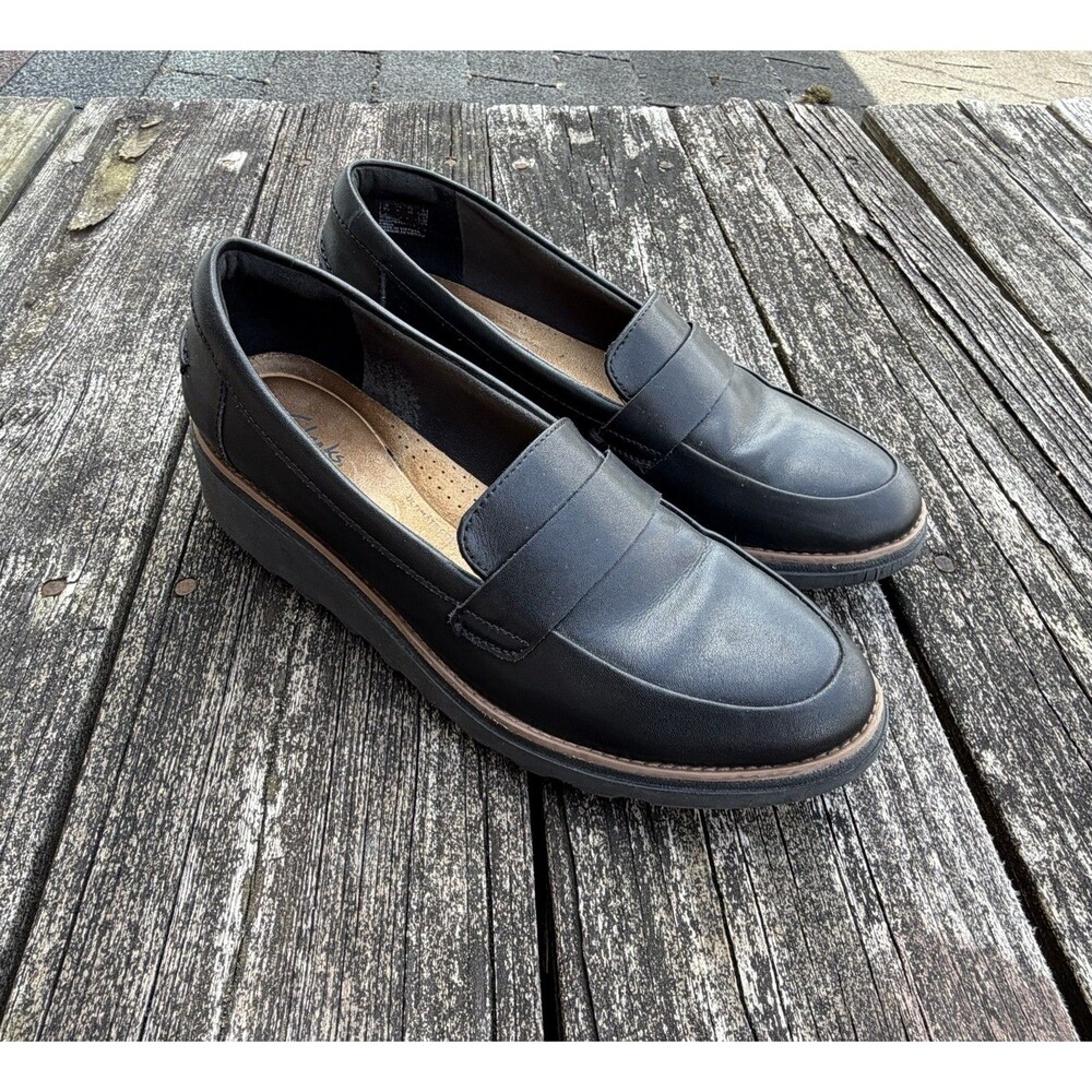 Clarks Sharon Gracie Black Leather Slip On Wedge Loafers Shoes Sz 9